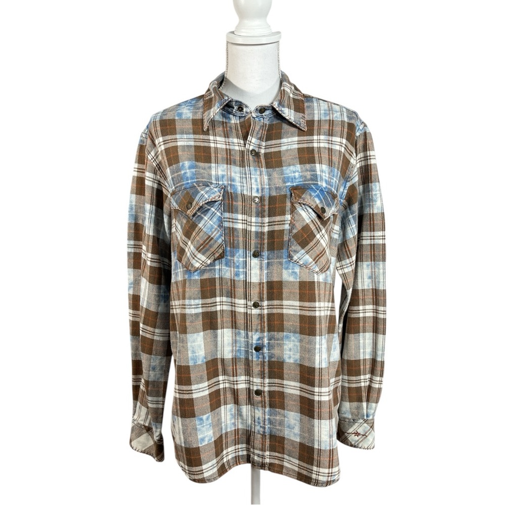 Ryan Michael Mens Blue Brown White Plaid Snap Button Down Flannel Shirt Size Med